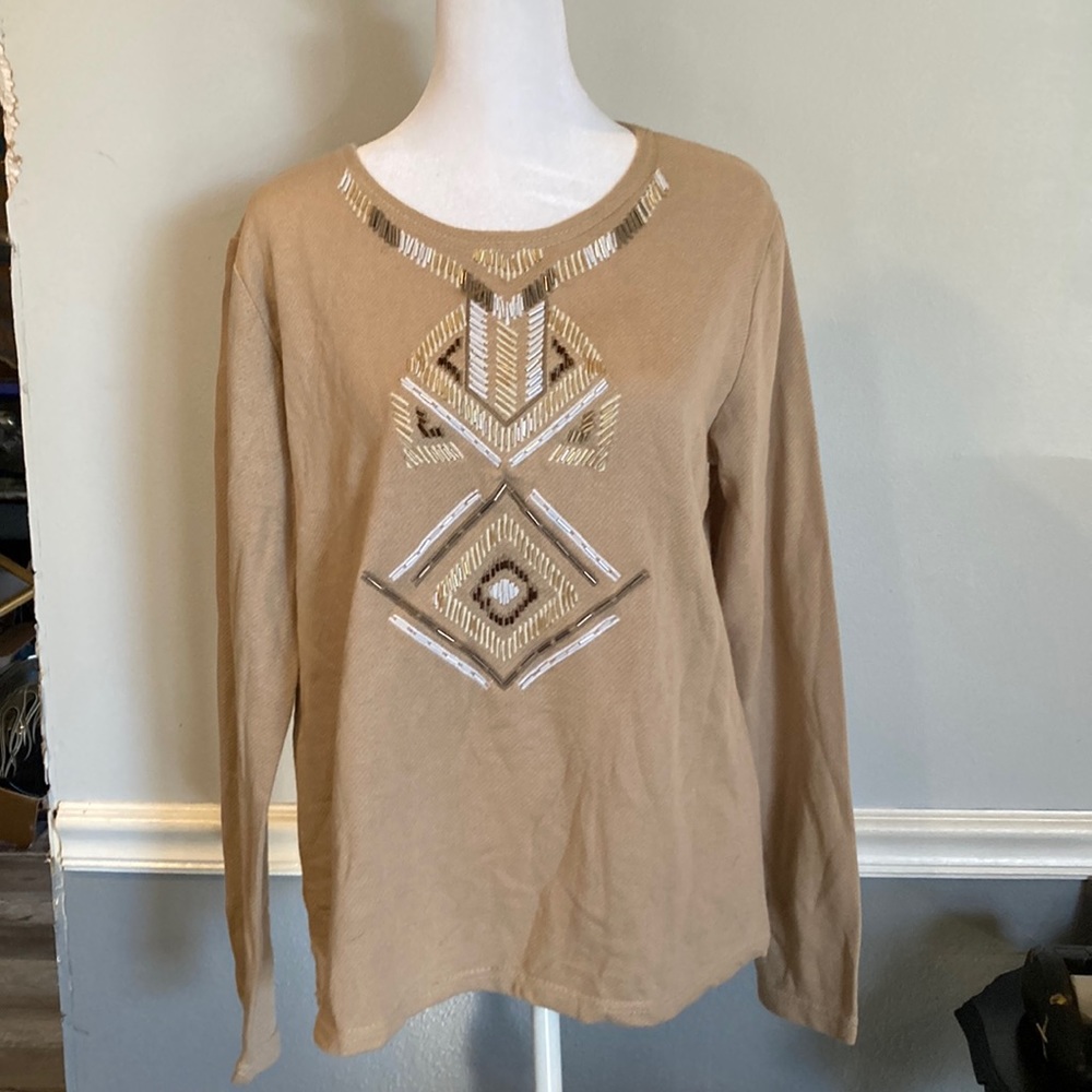 WOMENS SZ L LONG SLEEVE SCOOP SWEATER AZTEC PRINT